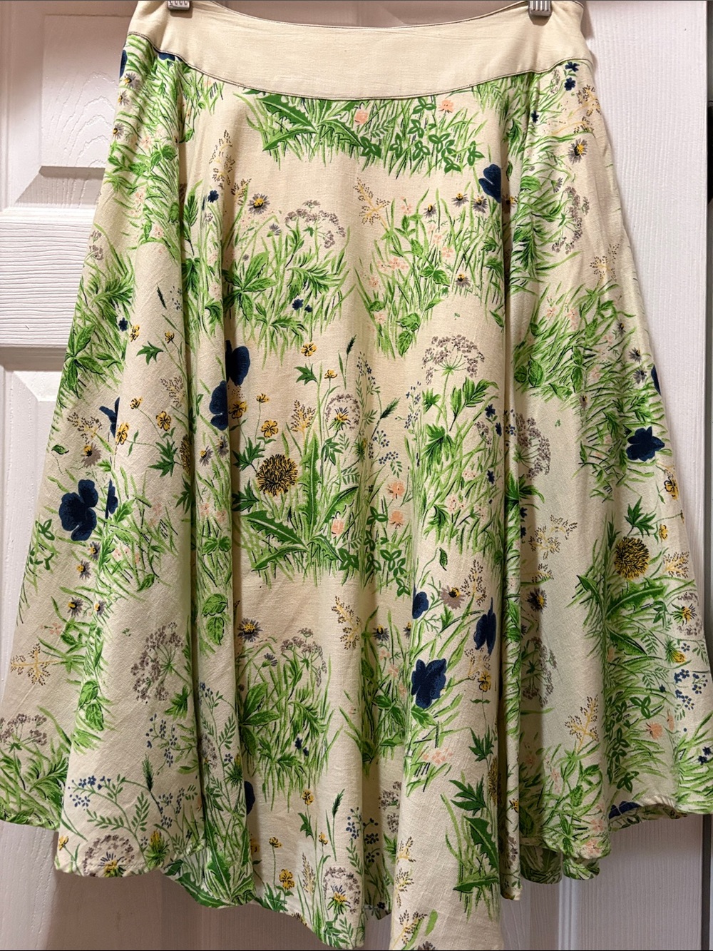 Cream Floral A-Line Skirt with Green Botanical Print